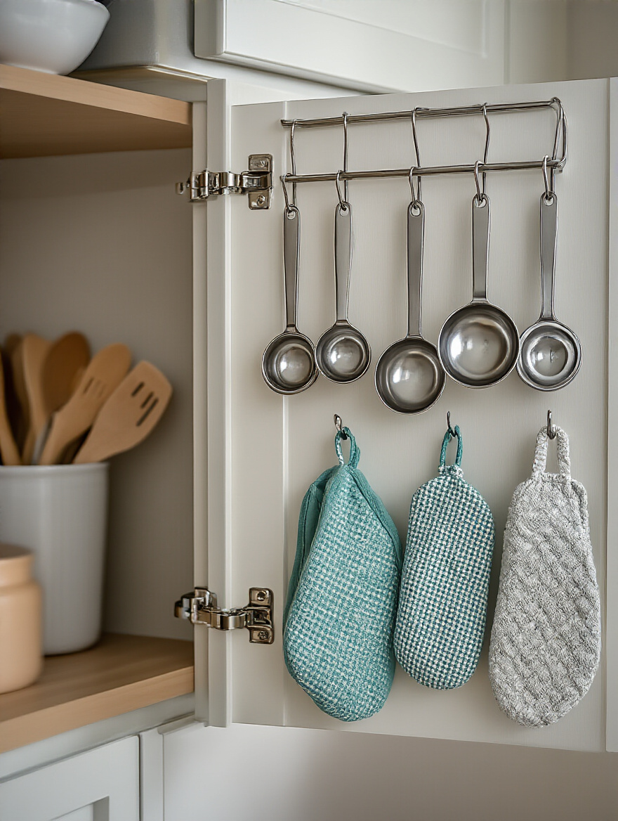 Organized kitchen cabinet door with adhesive hooks holding utensils.