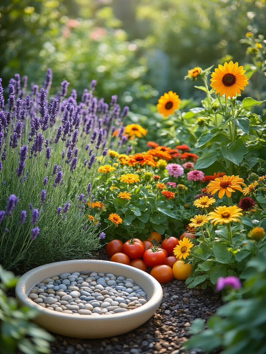 Portrait photo of a patio garden corner with diverse pollinator-friendly flowers and fruiting vegetable plants under natural morning light