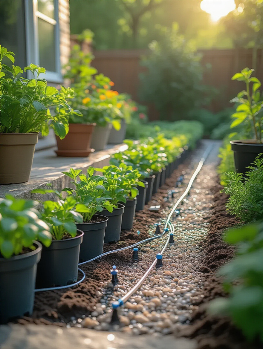 Automated drip irrigation system watering healthy patio garden plants in containers with tubing and emitters visible