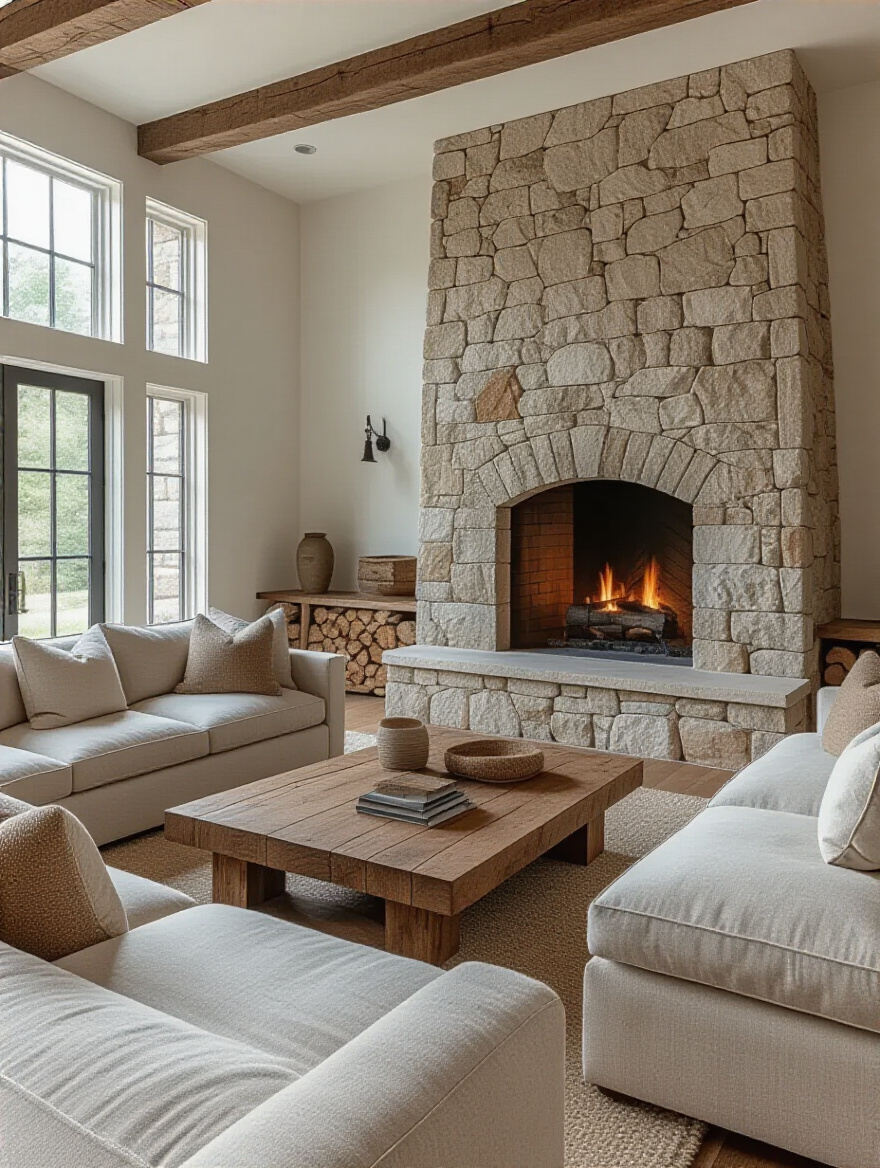 Balanced living room with grand stone fireplace and proportionally scaled furniture, no people