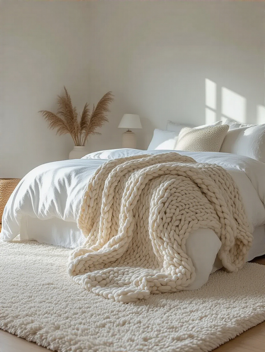 A cozy white bedroom featuring a chunky knit throw and plush area rug, emphasizing texture and warmth.