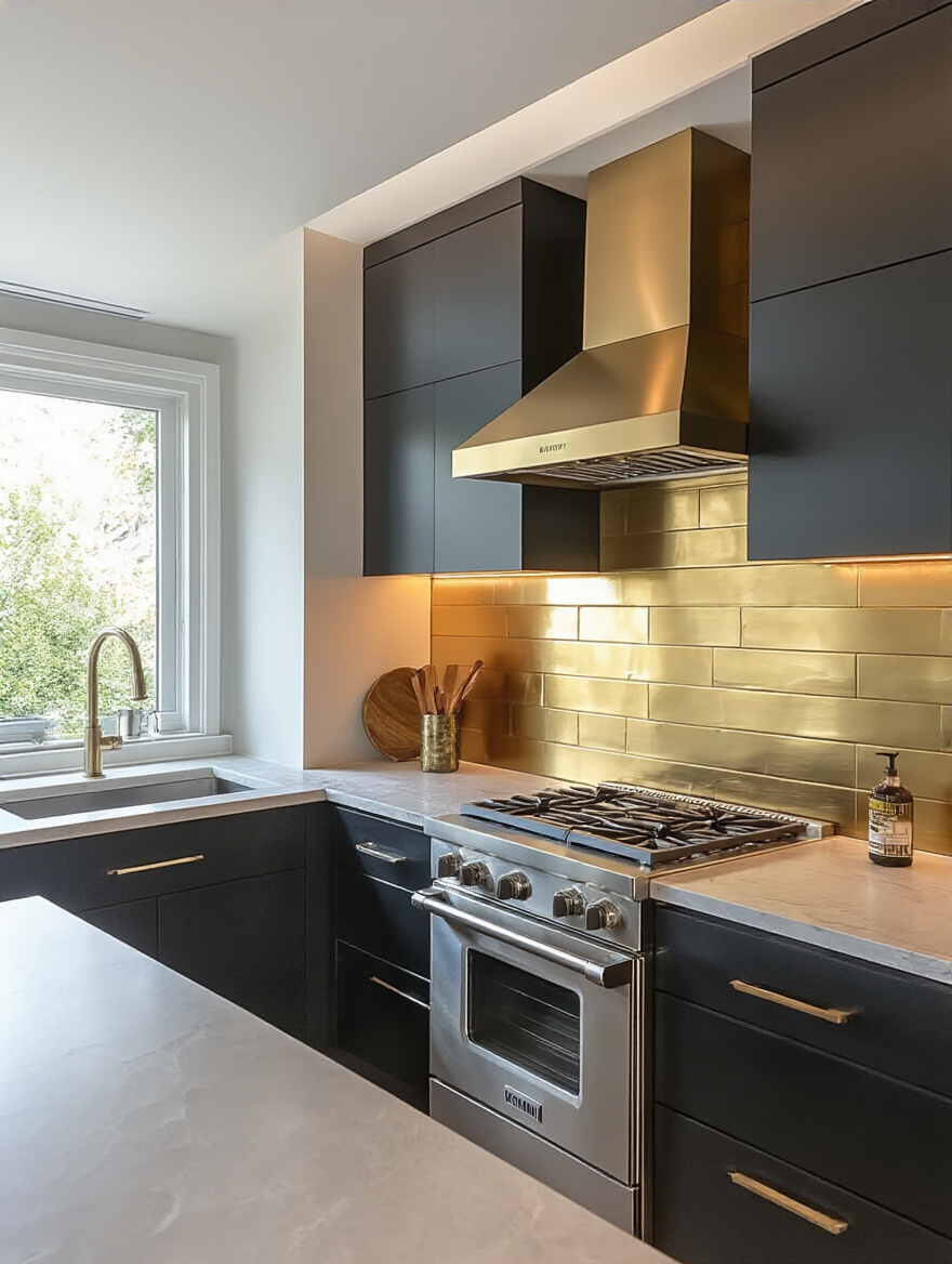 Modern kitchen with metallic and mirrored backsplash featuring large-format brushed brass tiles and matte black cabinetry