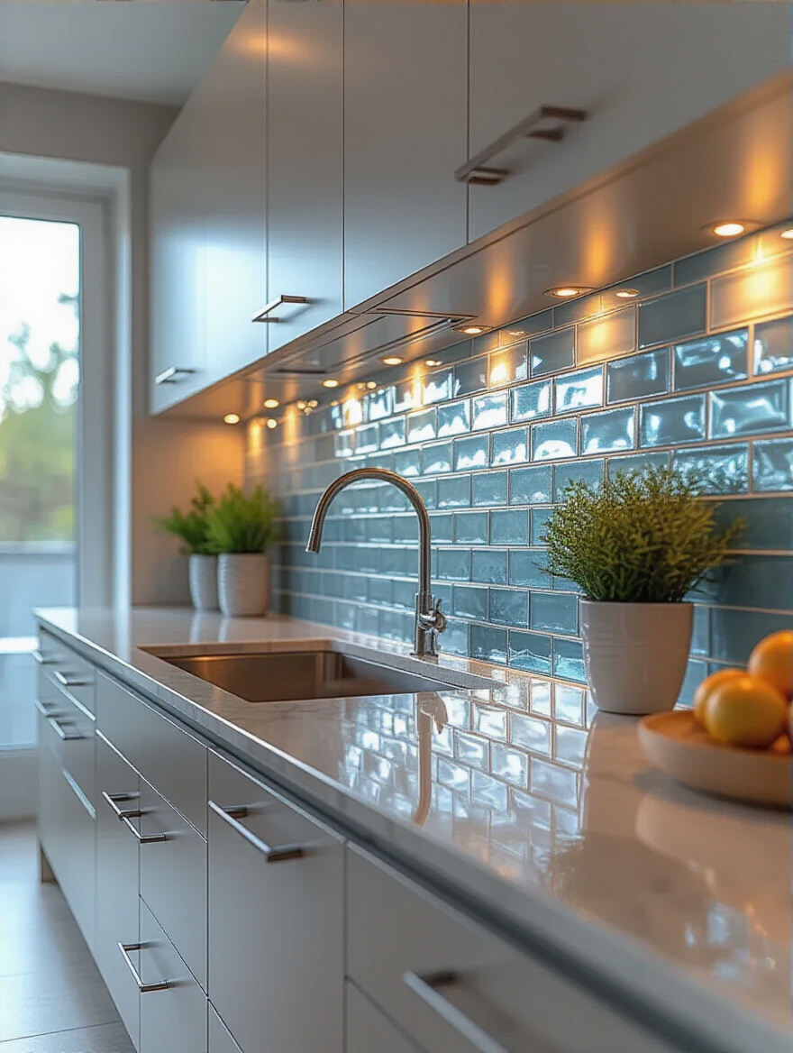 Modern kitchen backsplash featuring light blue-gray reflective glass tiles brightly illuminated by under-cabinet lighting with natural daylight enhancing the glossy surface