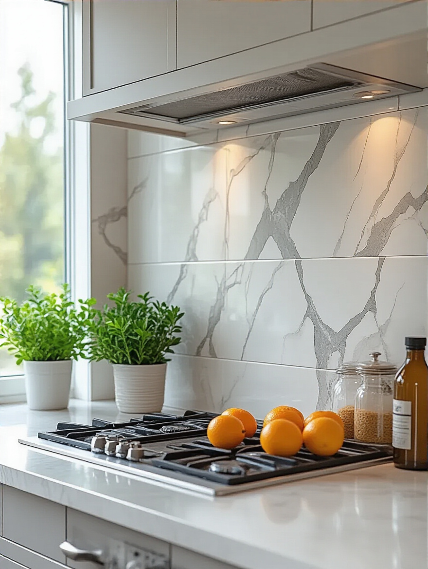 Modern kitchen backsplash with budget-friendly large-format porcelain tiles mimicking marble, well-lit and professionally photographed