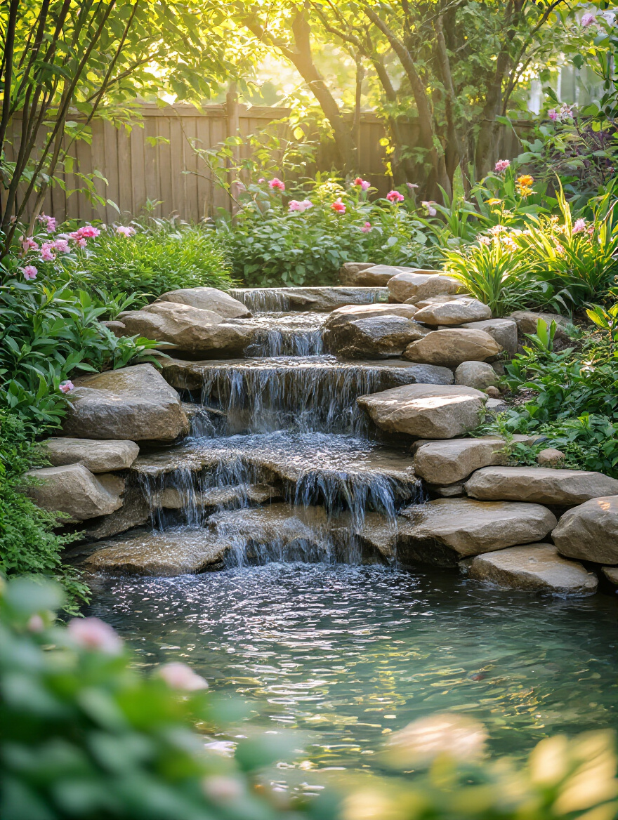 Portrait image of a natural stone waterfall water feature in a backyard garden with lush plants and soft golden hour lighting