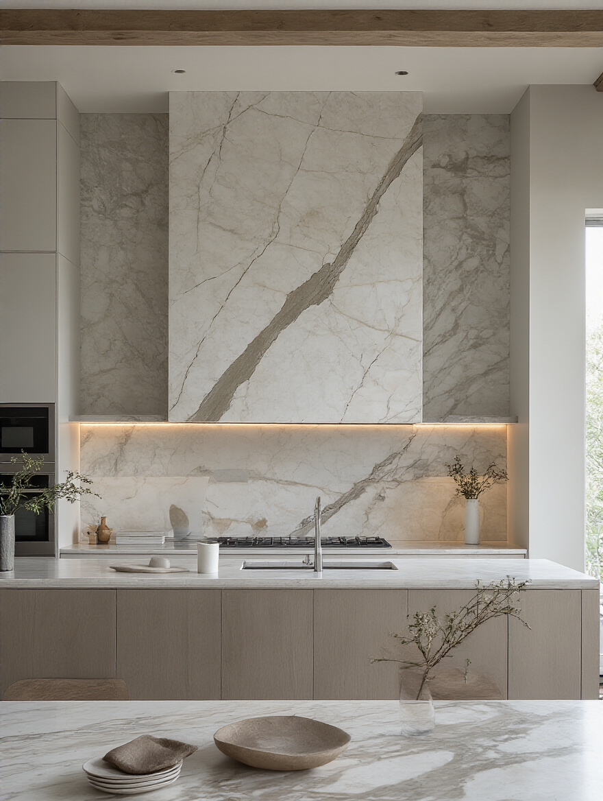 Modern kitchen with a ceiling-high Statuario marble backsplash extending from countertop to ceiling, highlighting dramatic vertical design