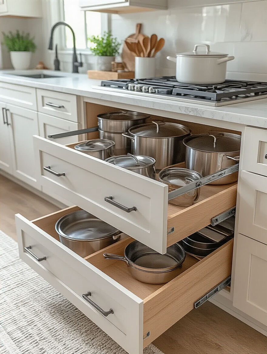 Modern kitchen with organized base cabinets featuring full-extension drawers and pull-out shelves.