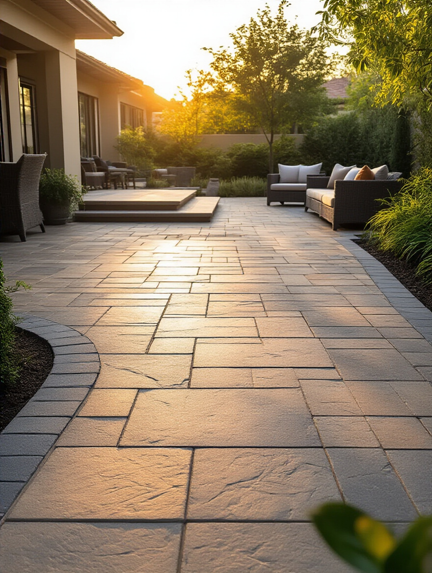 High-traffic backyard patio with durable concrete and natural stone paving materials, professional outdoor photo