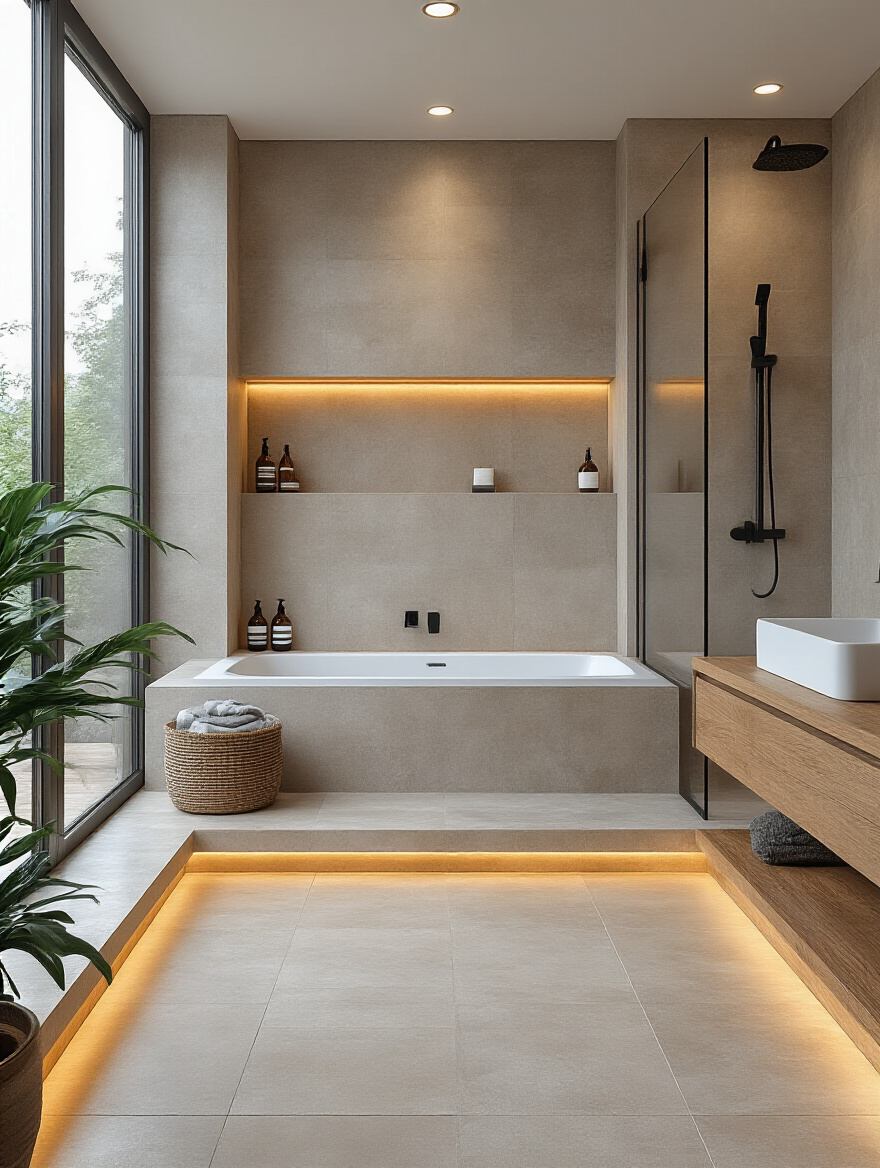 Modern bathroom with large-format matte finish tiles on floor and shower walls featuring a sophisticated, non-reflective look