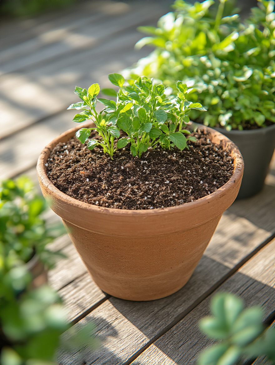 Close-up portrait photo of premium potting mix in a clay pot on a wooden patio table with healthy container plants in soft morning light
