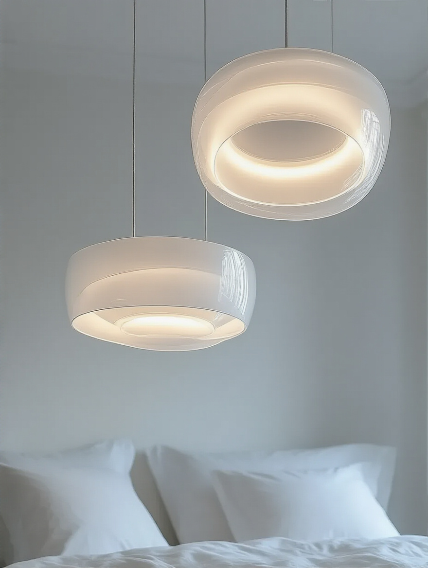 A serene white bedroom featuring transparent and white light fixtures that blend seamlessly into the decor.