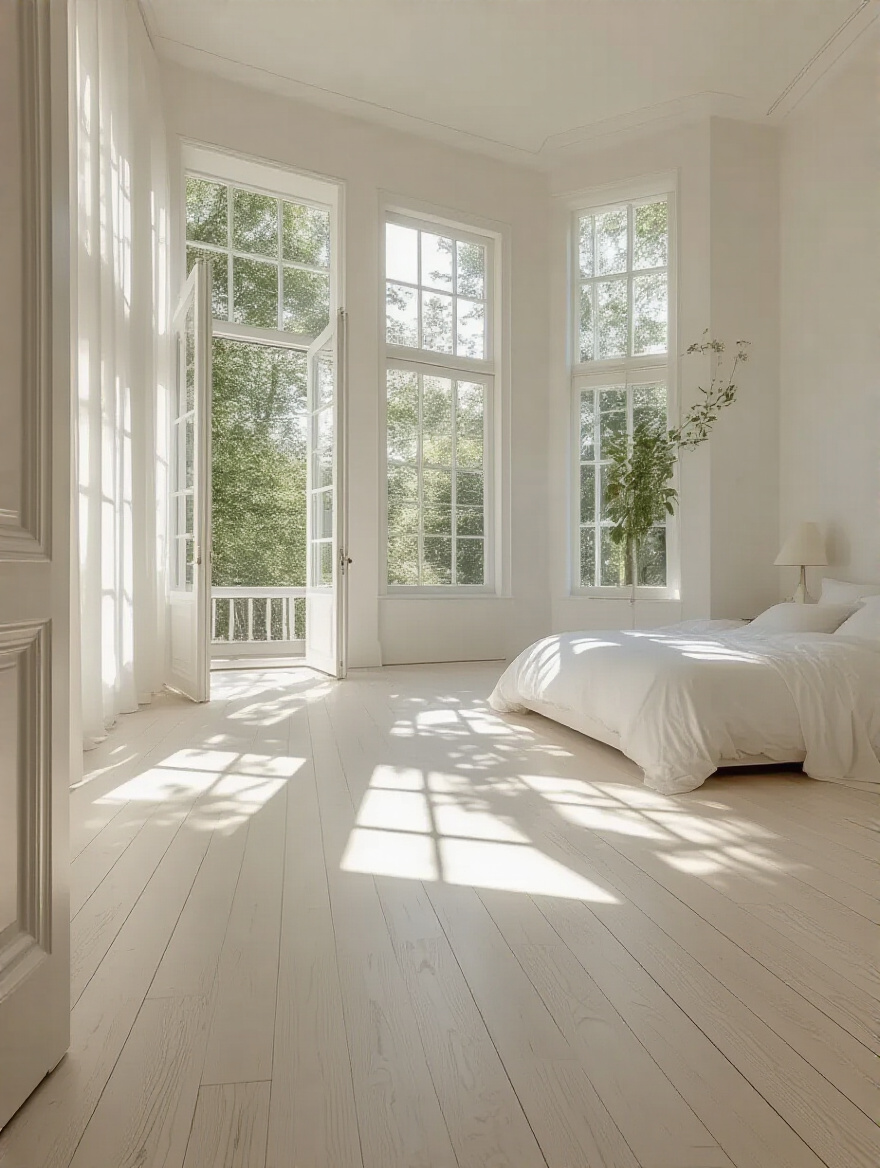 Bright white bedroom with light wood flooring