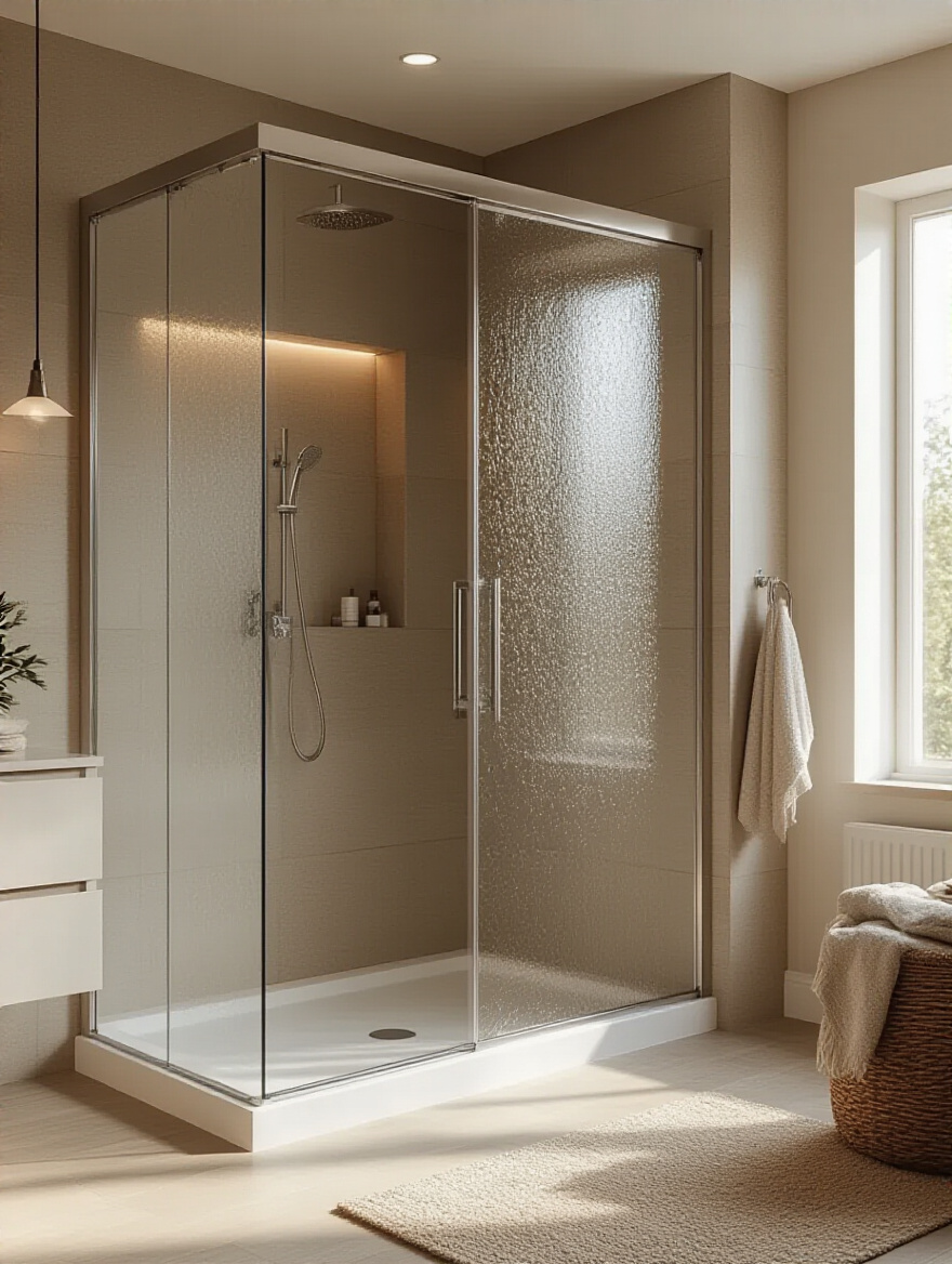 Modern bathroom featuring a frameless clear glass shower door with textured glass detail, bright and stylish
