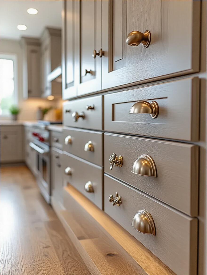 Aesthetic kitchen cabinet hardware including knobs, pulls, and hinges on display.