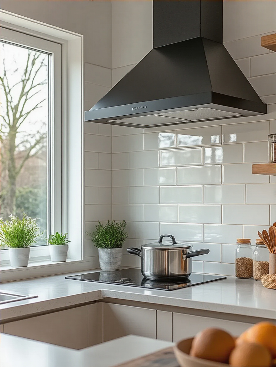 Modern kitchen with full-height glossy white tile backsplash behind induction cooktop, showcasing clean vertical lines and elegant design