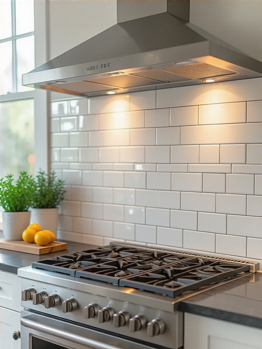 Classic white subway tile kitchen backsplash in staggered brick pattern with dark grout, illuminated by natural and under-cabinet lighting