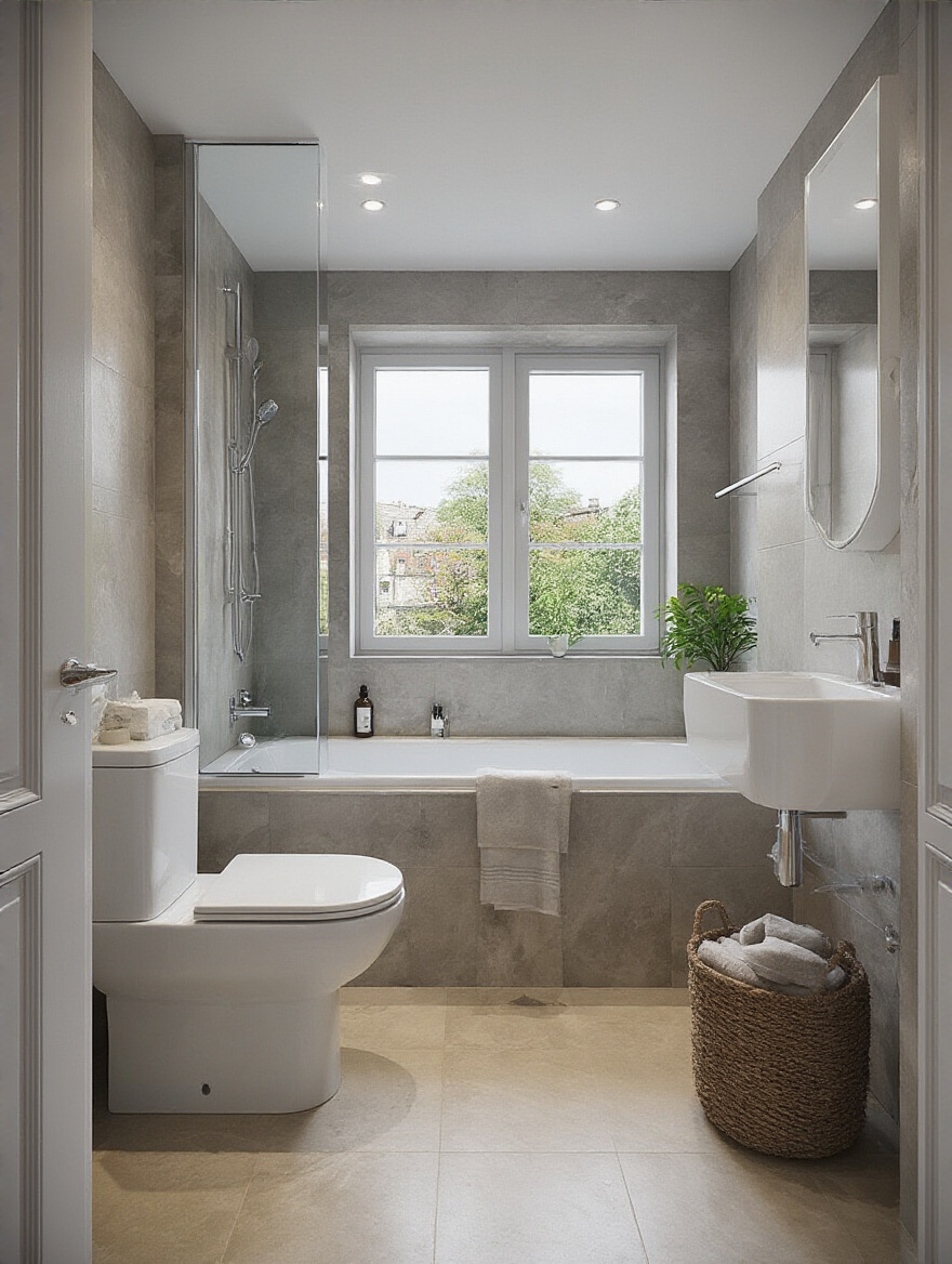 Small modern bathroom with floating vanity, wall-mounted toilet, large light grey tiles, oversized mirror, and frameless glass shower showcasing clever design for maximum spaciousness