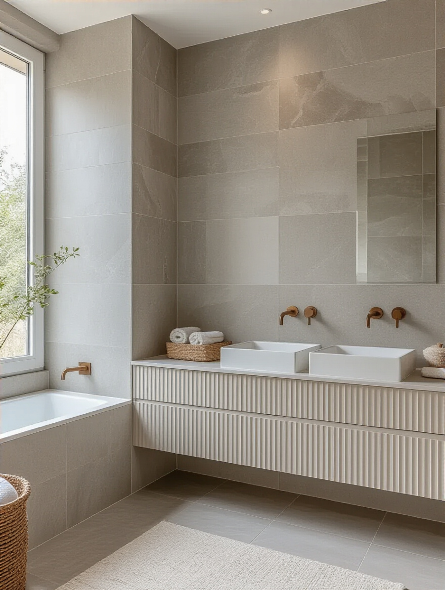 Modern bathroom showcasing a combination of different tile textures including matte porcelain, ribbed ceramic, and honed natural stone accent tiles