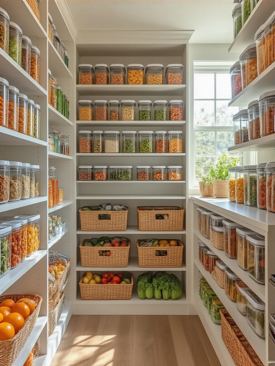Organized pantry with labeled containers and clean shelves illuminated by natural light