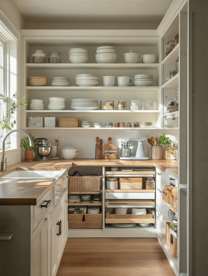Well-organized kitchen cabinets with neatly arranged dishes and pantry items
