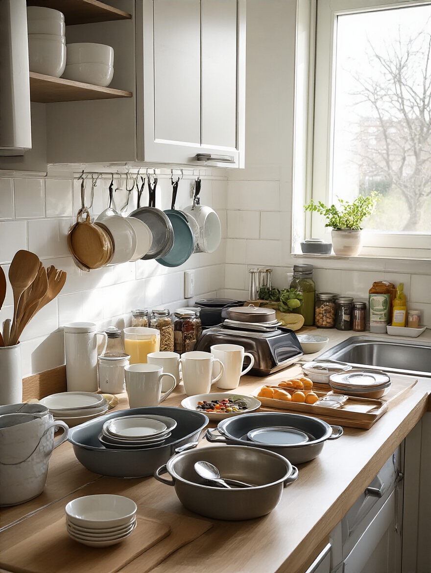 Organized kitchen countertop with grouped kitchen items during a thorough kitchen inventory process