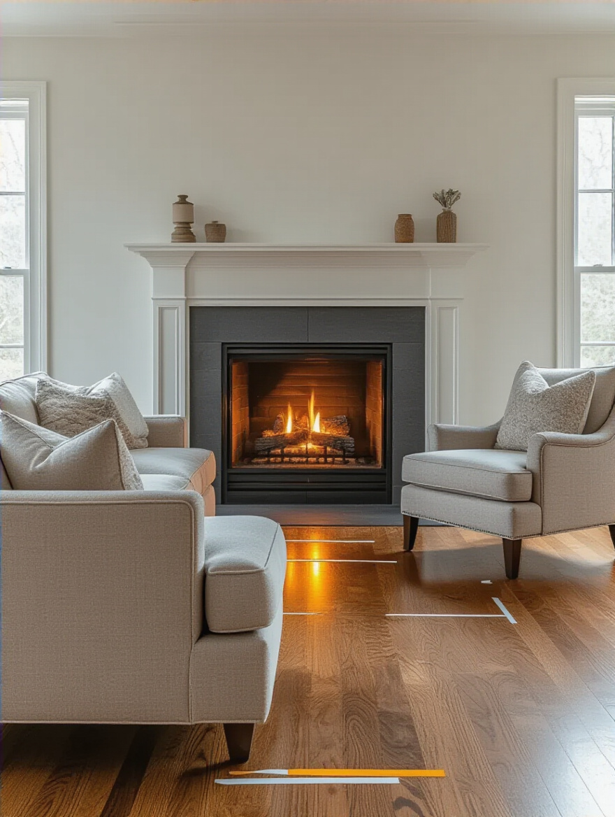 Cozy living room with fireplace showing safe clearance distances marked for furniture placement