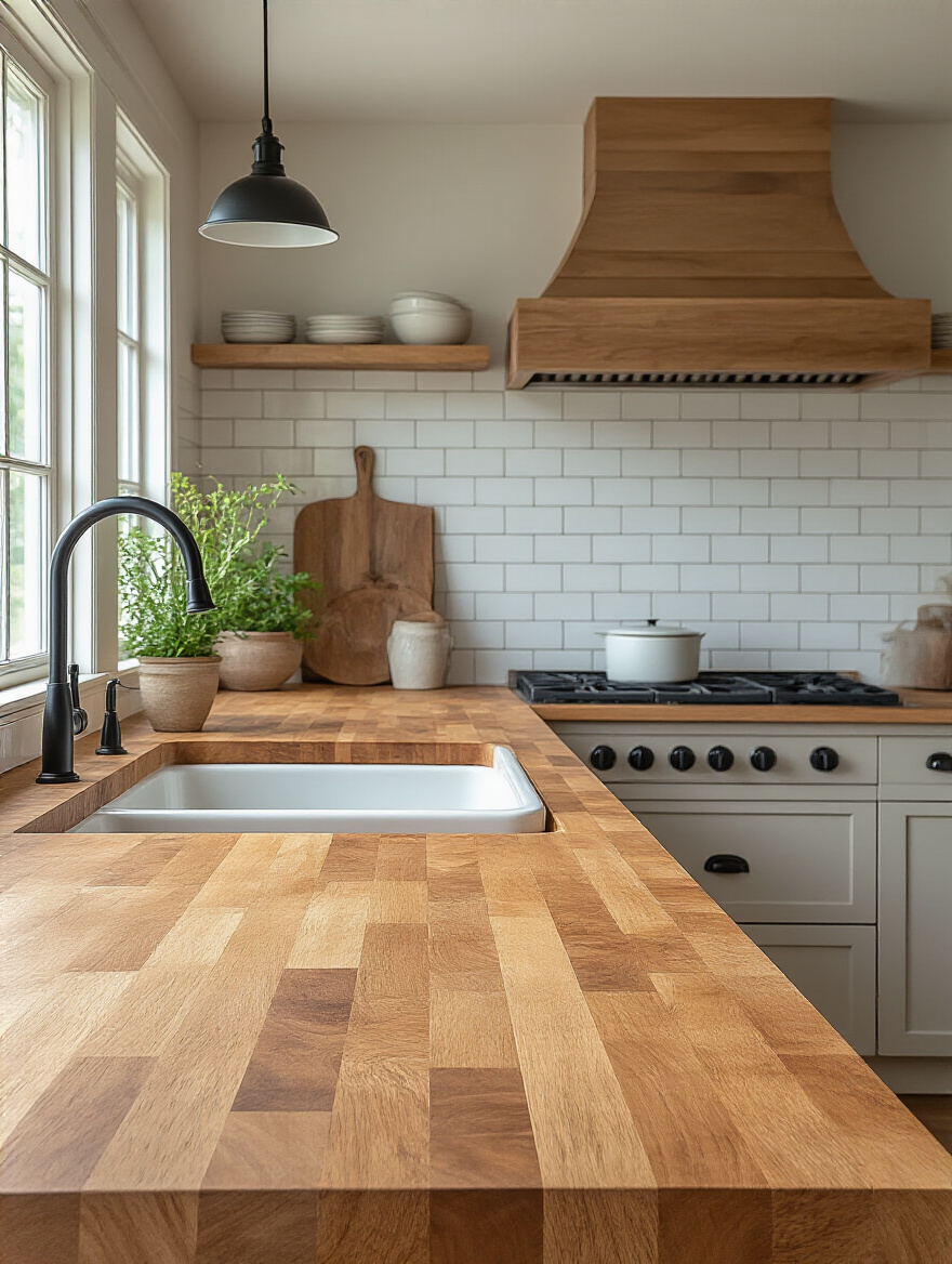 Portrait image of a kitchen with warm, natural butcher block countertops and farmhouse sink under soft daylight