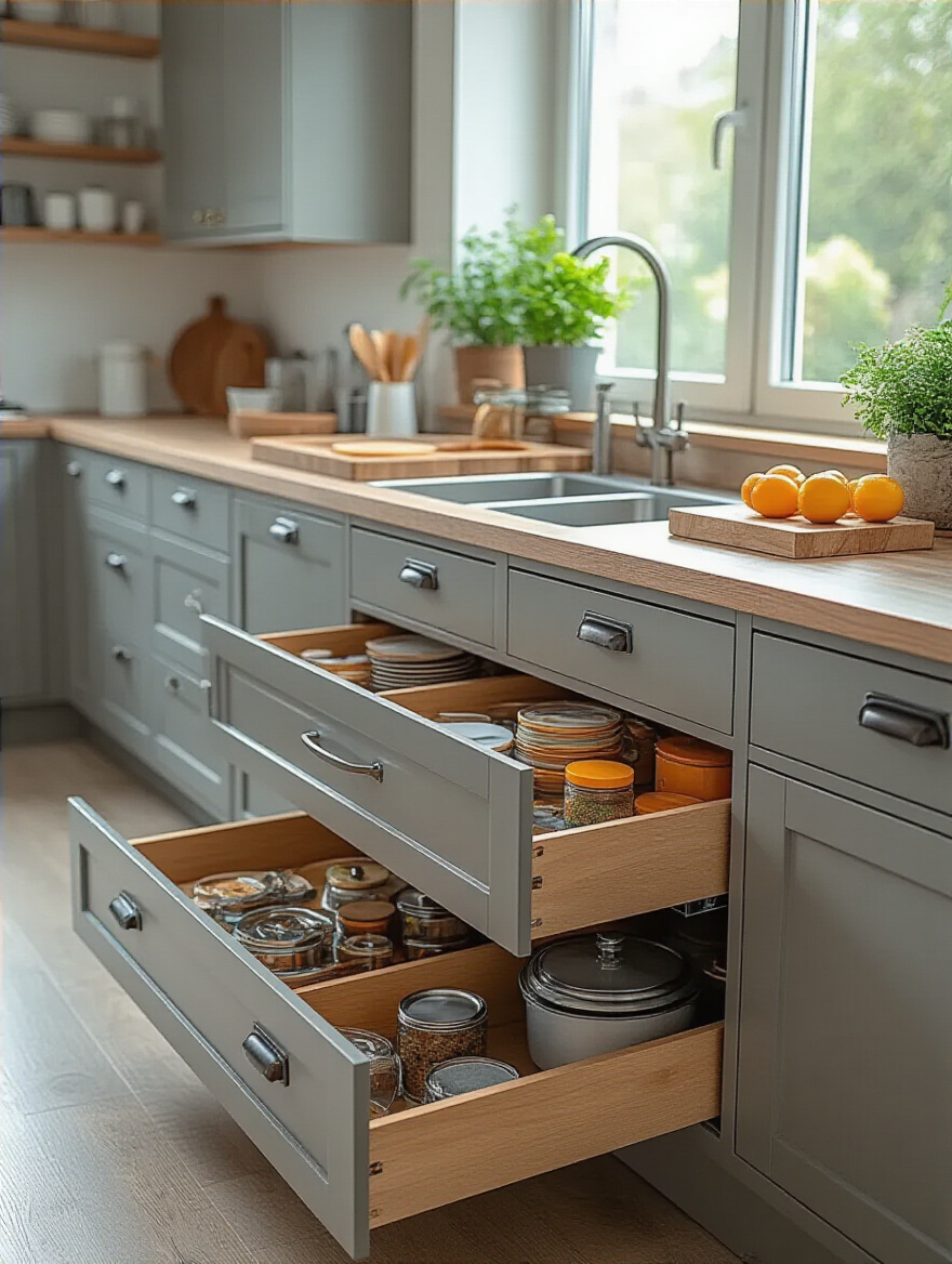 Modern kitchen with organized drawer base units showcasing small items and utensils.
