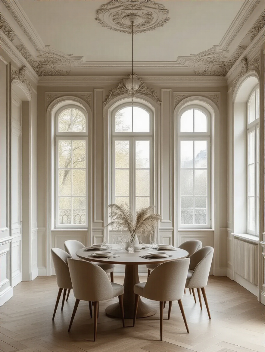 Elegant dining room with high ceilings and professional paint finish.