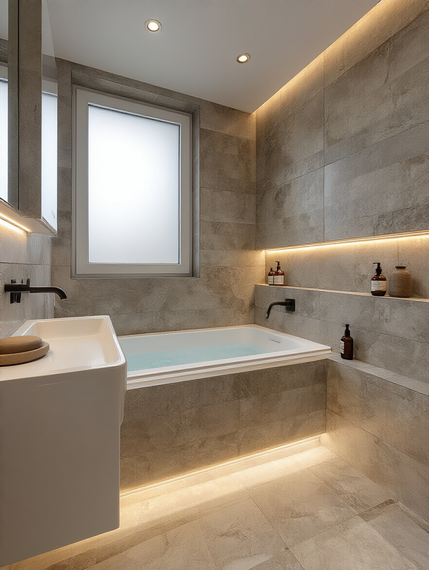Modern bathroom showcasing different tile finishes and colors under <a href=