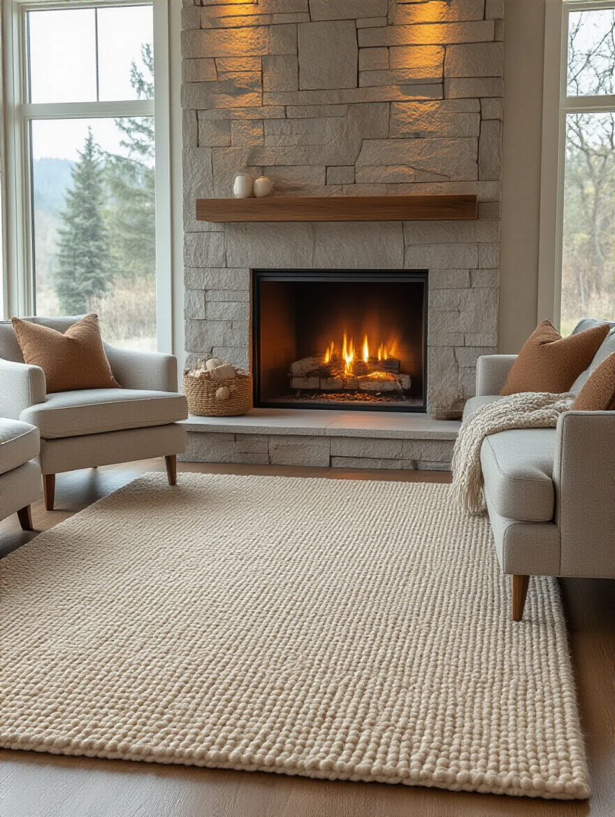 Cozy living room with a wool rug anchoring the seating area in front of a stone fireplace, no people