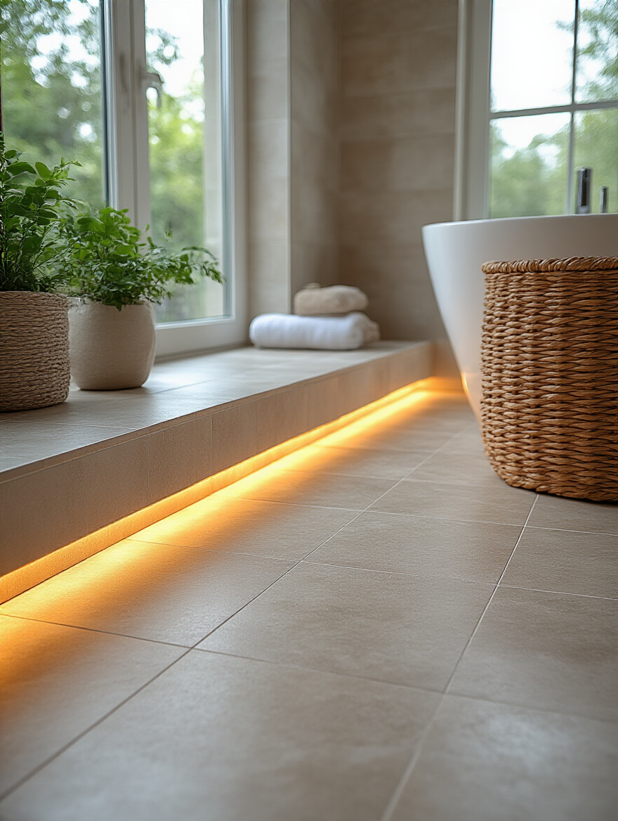 Close-up portrait image of modern porcelain bathroom tiles with underfloor heating system, showcasing smooth surface and warm ambiance