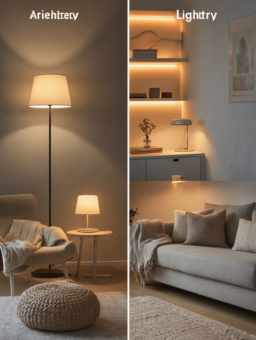 Stylish small living room showcasing multiple lighting sources for ambiance control.