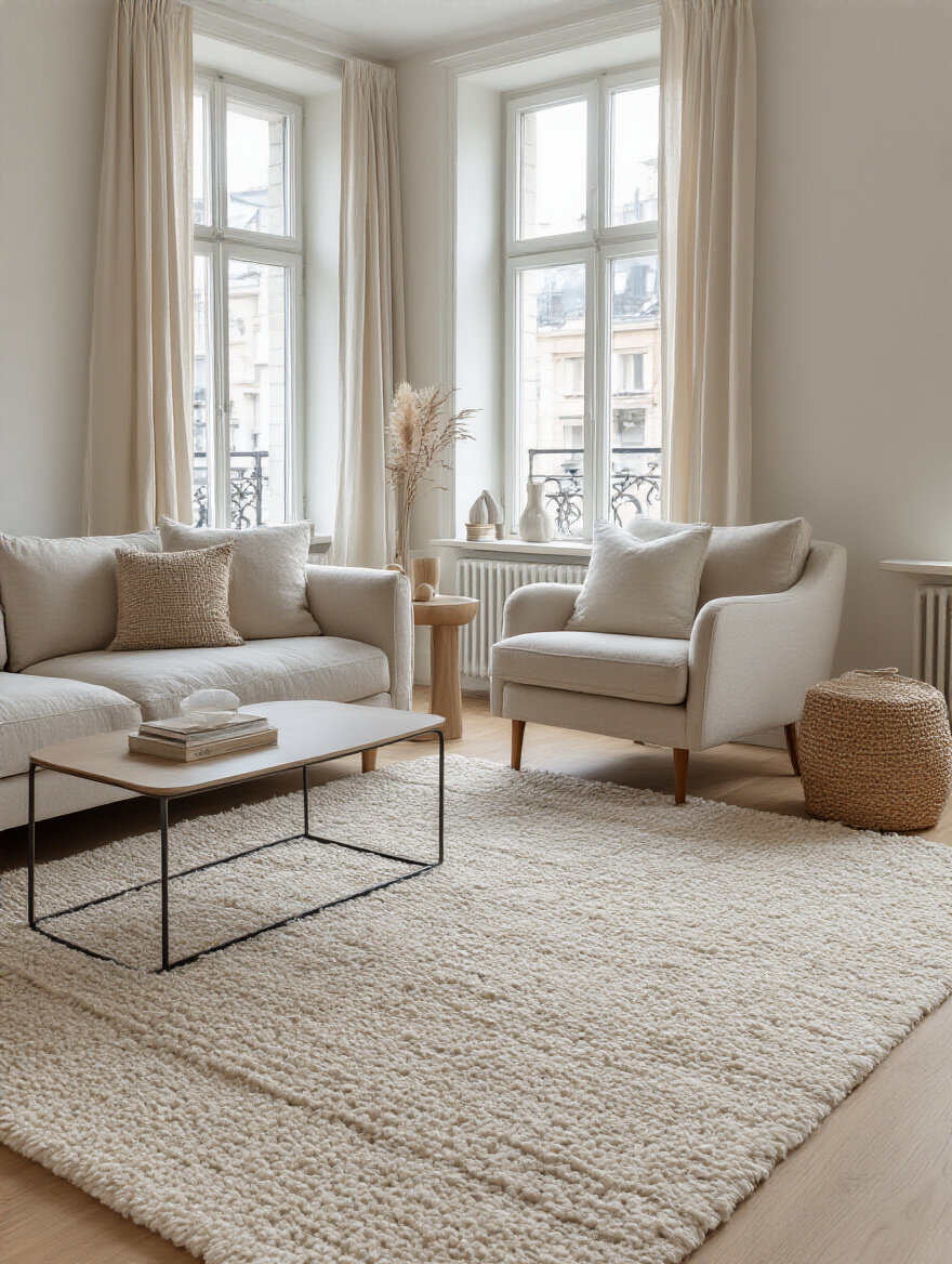 Stylish apartment living room with defined zones using area rugs.