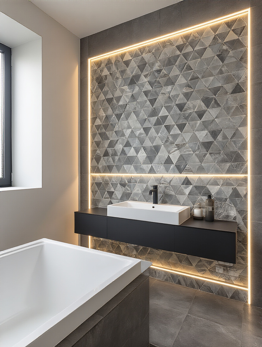 Modern bathroom portrait featuring a striking feature wall with contrasting dark 3D geometric tiles against matte white large-format tiles behind a vanity