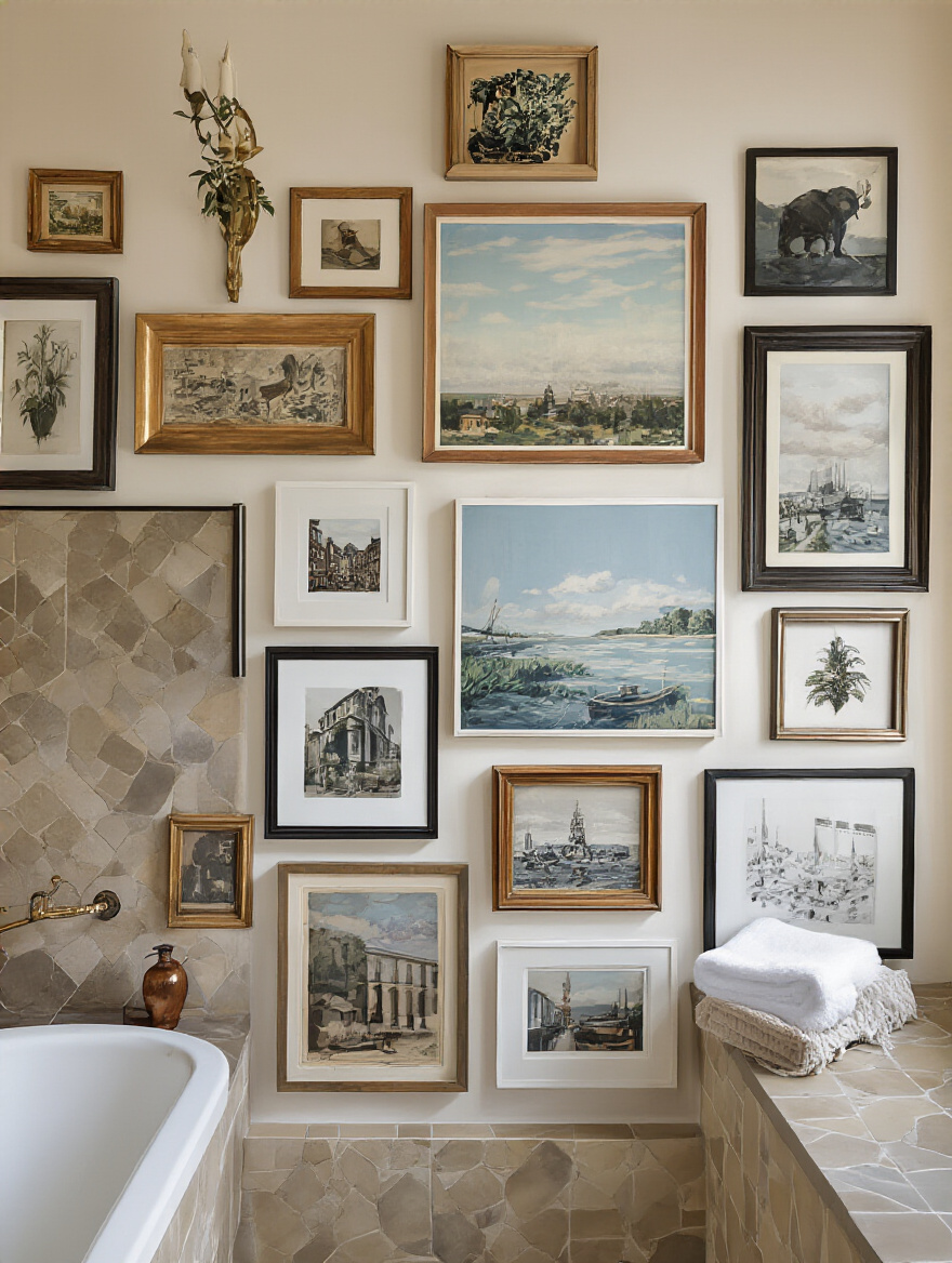 A captivating gallery wall in a stylish bathroom showcasing various art and photographs.