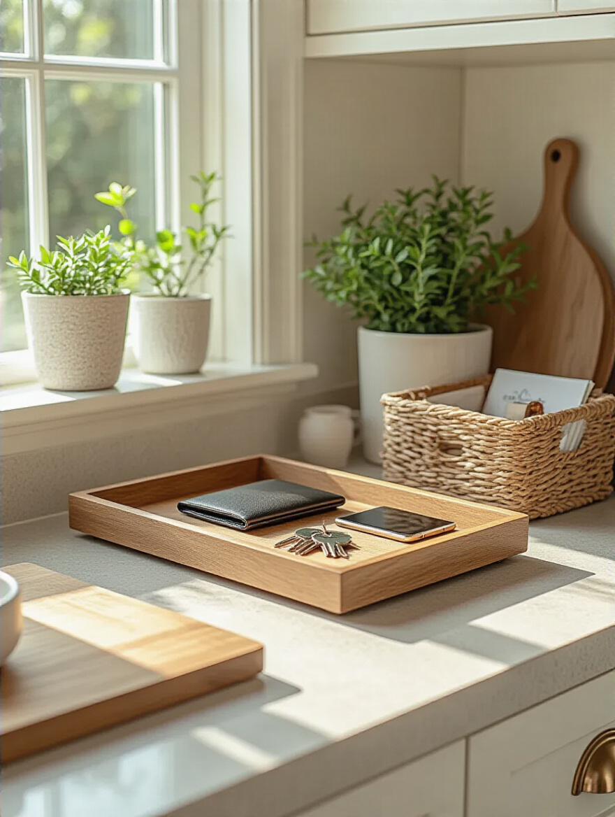 A well-organized kitchen corner featuring a landing strip for everyday essentials.