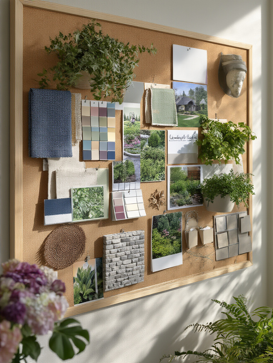 Thematic design mood board for backyard landscape showcasing fabric swatches, paint chips, plant photos, and materials on a cork board