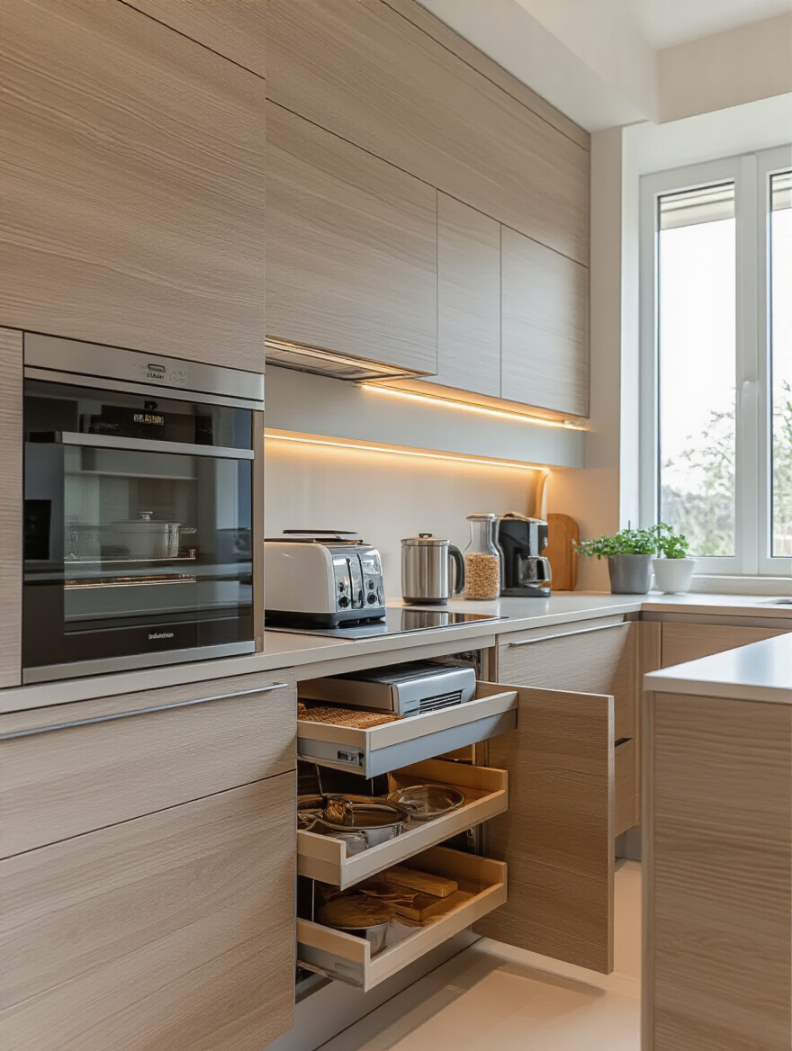 Modern kitchen with a closed tambour door appliance garage hiding small countertop appliances, showcasing a clutter-free countertop and sleek cabinetry.