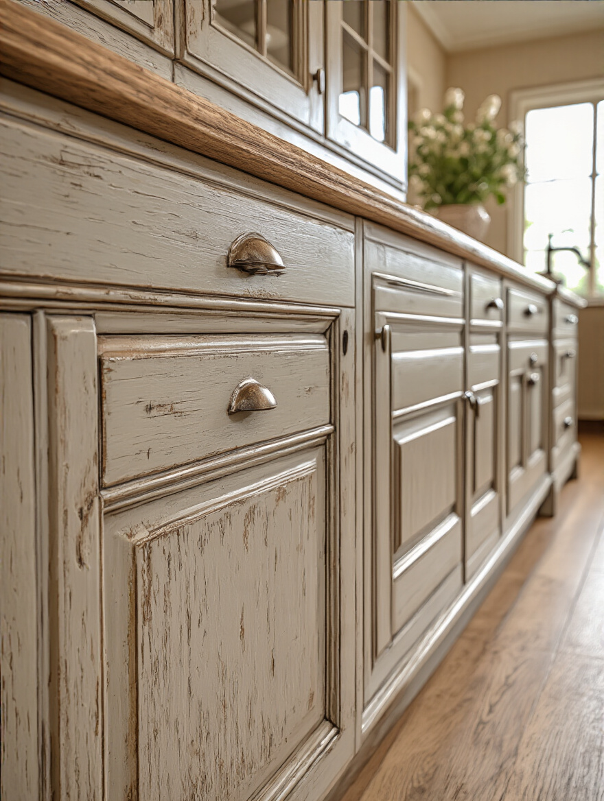 Distressed kitchen cabinets with antique glaze finish