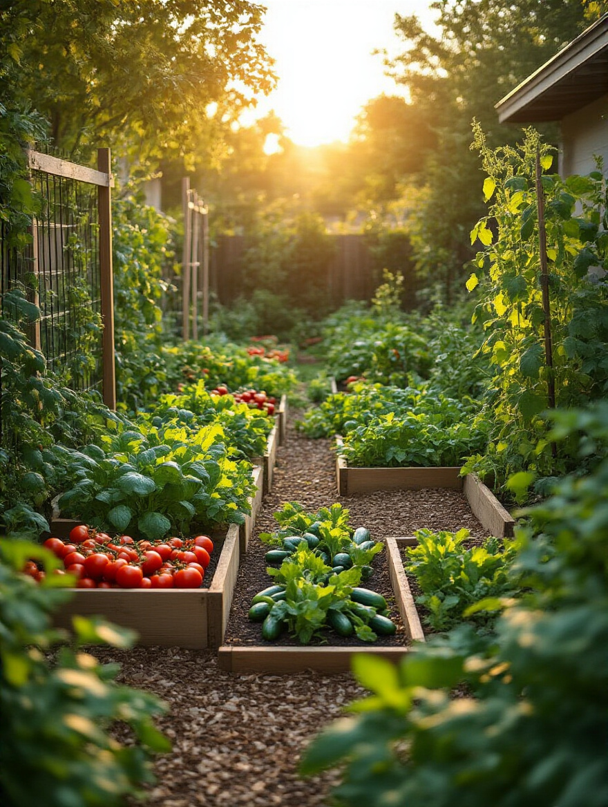 Portrait image of a vibrant edible garden with raised beds and fresh vegetables in a backyard