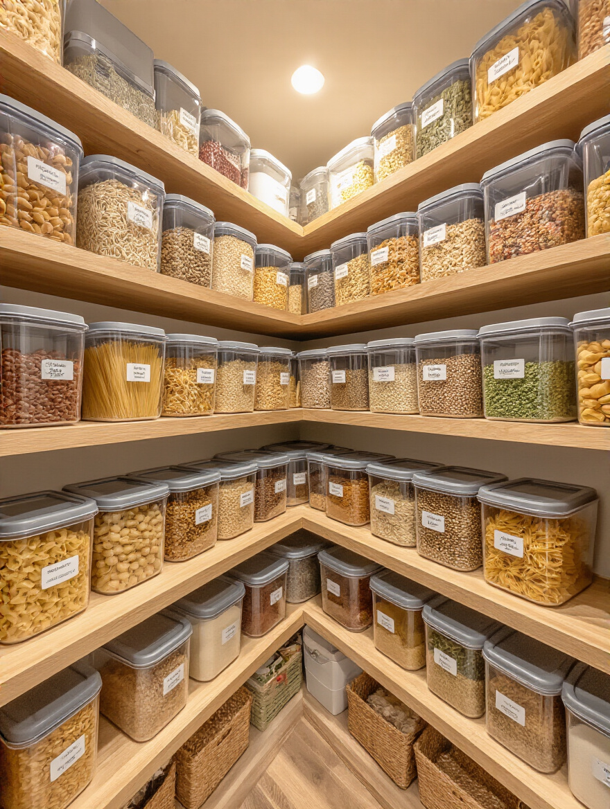 Organized pantry with stackable containers holding bulk goods like pasta and grains.