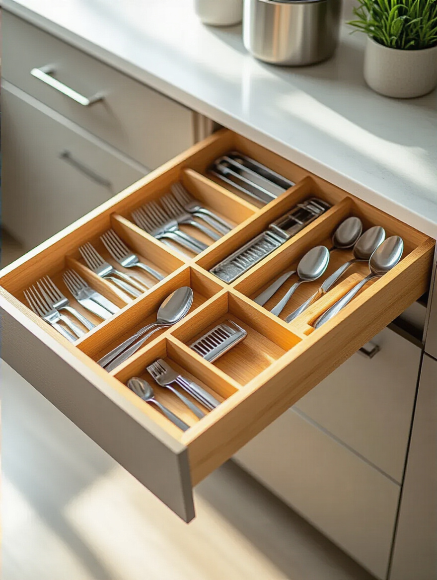 Open kitchen drawer with neatly arranged bamboo and plastic drawer organizers for silverware and gadgets