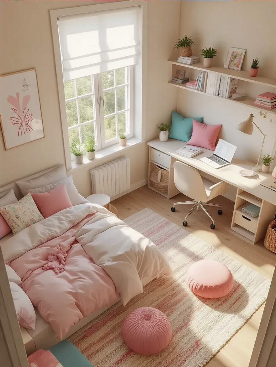 A stylishly organized teen bedroom with distinct areas for sleeping, studying, and socializing.