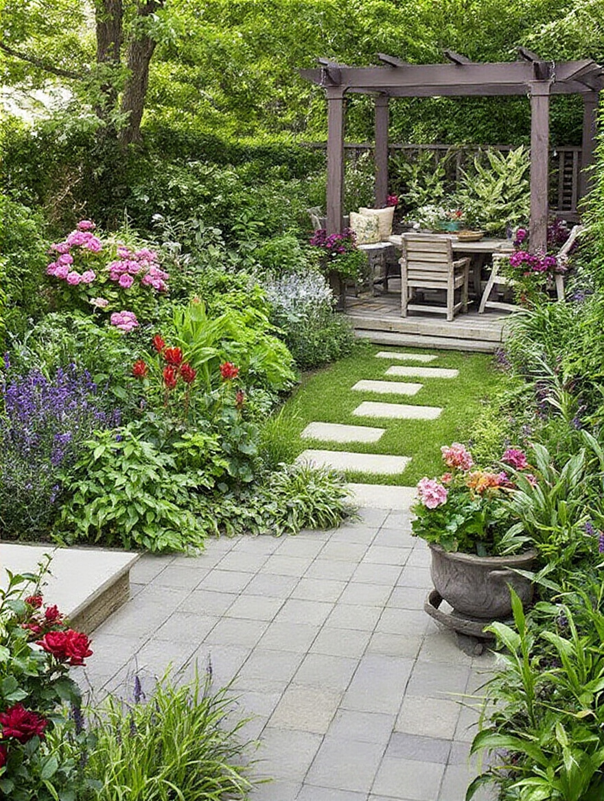 Well-organized backyard with dining area, garden beds, fire pit lounge, and play zone designed for functional living