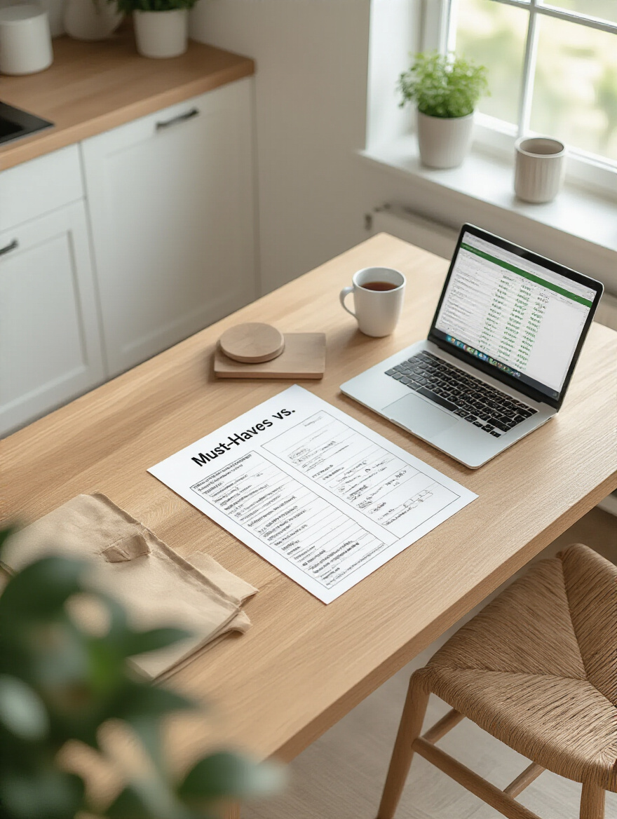Organized kitchen remodel planning workspace showing must-have vs nice-to-have list and budget spreadsheet on wooden table in bright modern kitchen