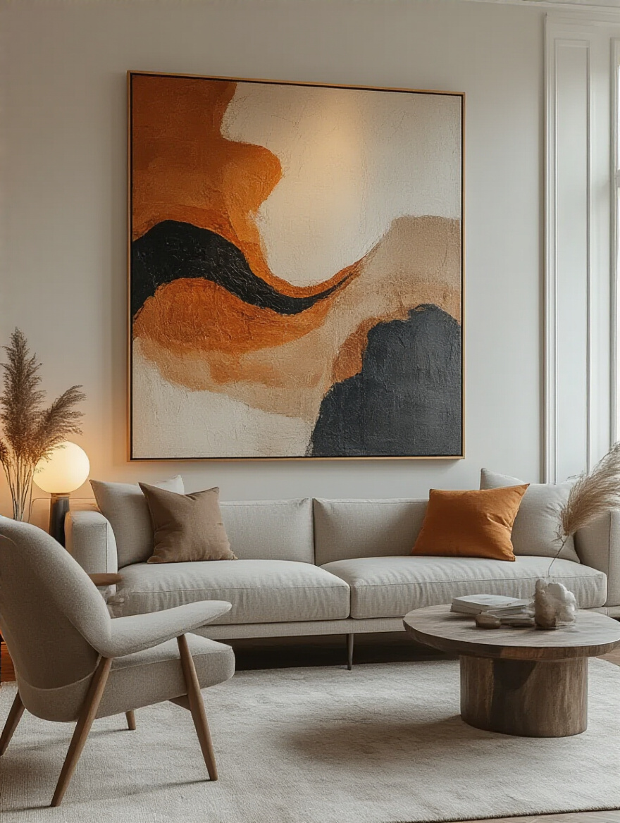 Stylish small living room with a clear focal point abstract painting