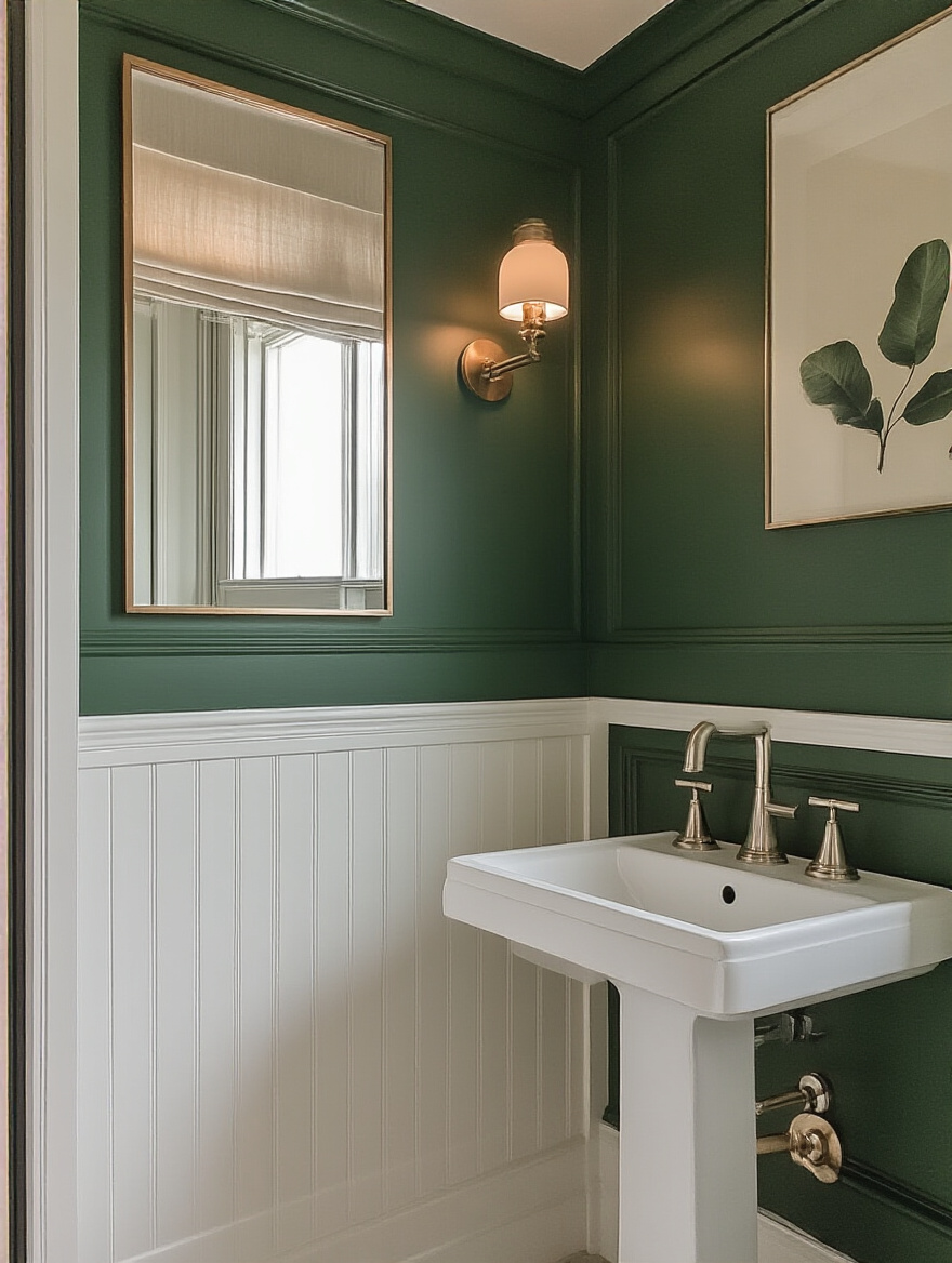 Modern bathroom featuring a deep green accent wall with white wainscoting and a minimalist sink.