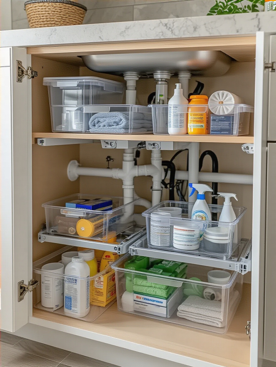 Organized kitchen under-sink cabinet with U-shaped pull-out organizers for cleaning supplies and visible plumbing pipes
