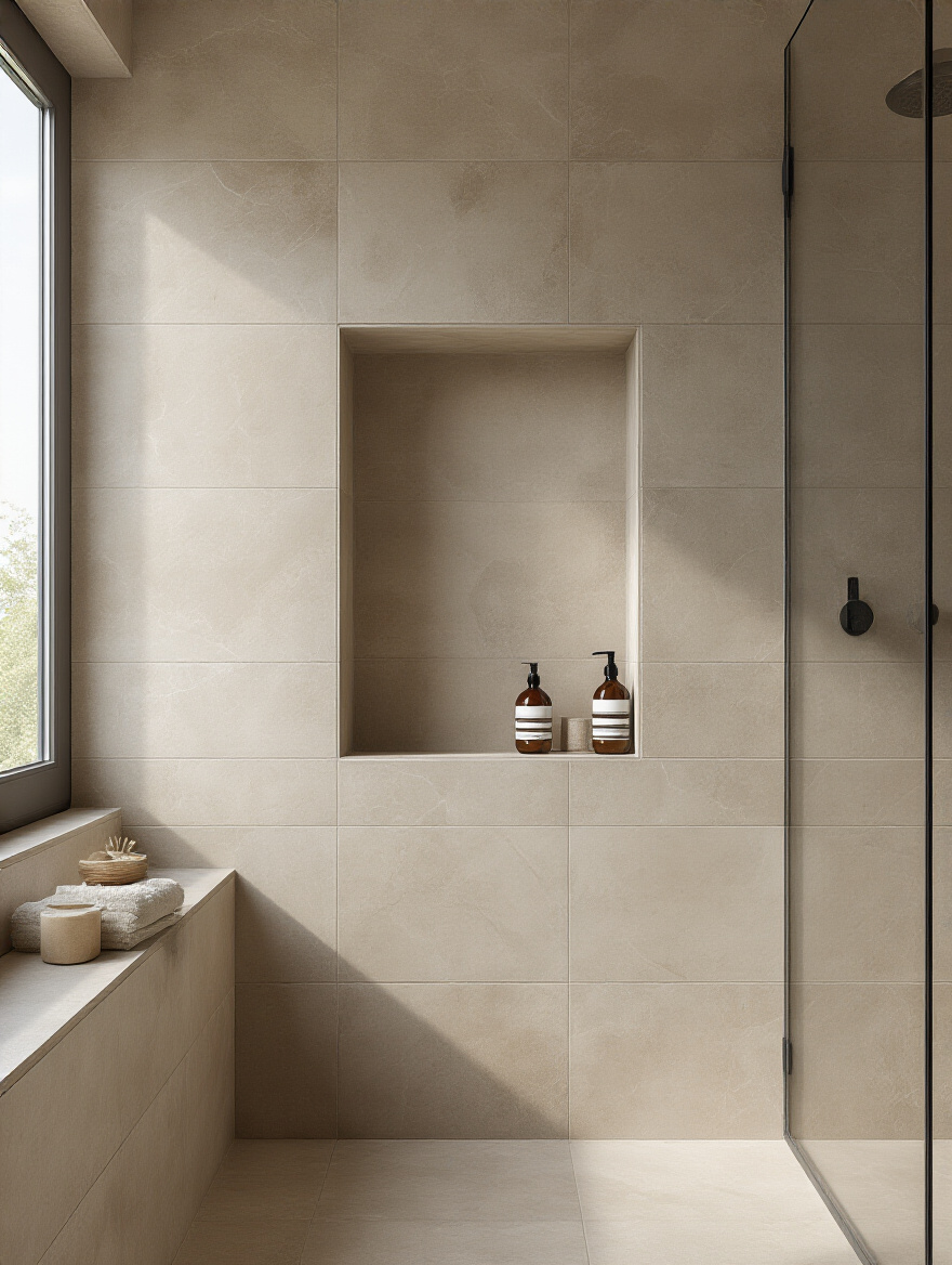 Seamlessly integrated modern bathroom shower niche with mitered large-format tiles and concealed storage